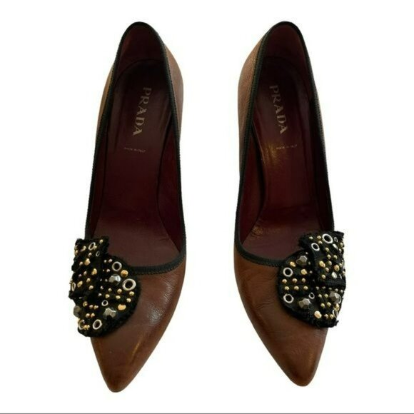 Prada Shoes Brown Embellished Pointed Heels Size 38.5 US 8.5 - Picture 2 of 6